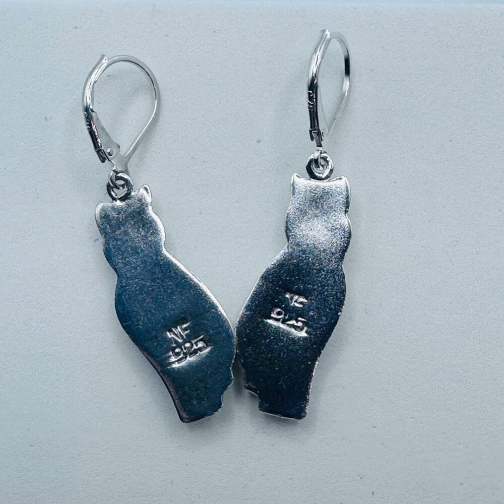 Vintage Sterling Silver Cat Dangle Drop Earrings Marked NF and Stamped 925 - Picture 2 of 6